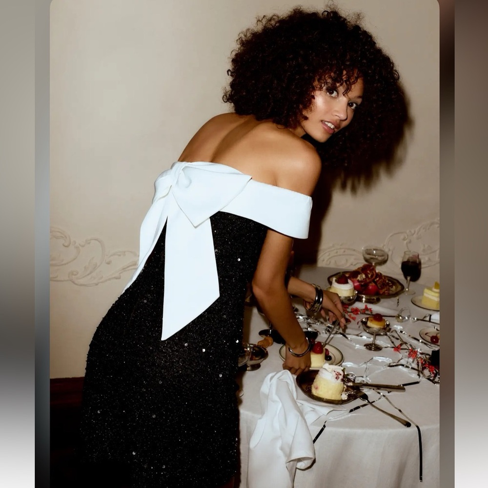 Cider SEQUIN OFF-SHOULDER SOLID BOWKNOT MINI DRES… - image 2